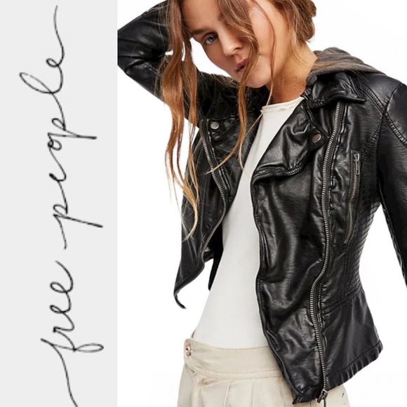 Free People Jackets & Blazers - Free People Vegan Leather Hooded Moto Jacket in Black